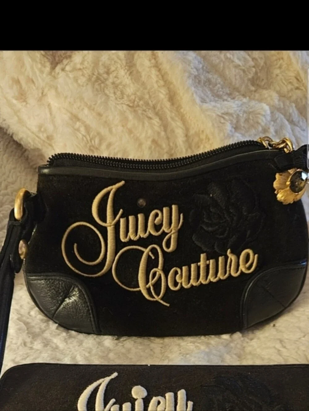 Rare Juicy Couture Y2k Black Velour Wristlet with Gold Embroidery And Charm